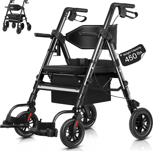 Walkers for Seniors,Heavy Duty Rollator Walker Wheelchair Combo, 2 in 1 Rollator Transport Chair with Brakes, 450 lb Rolling Walker 10" Big Wheels for All Terrain, Black