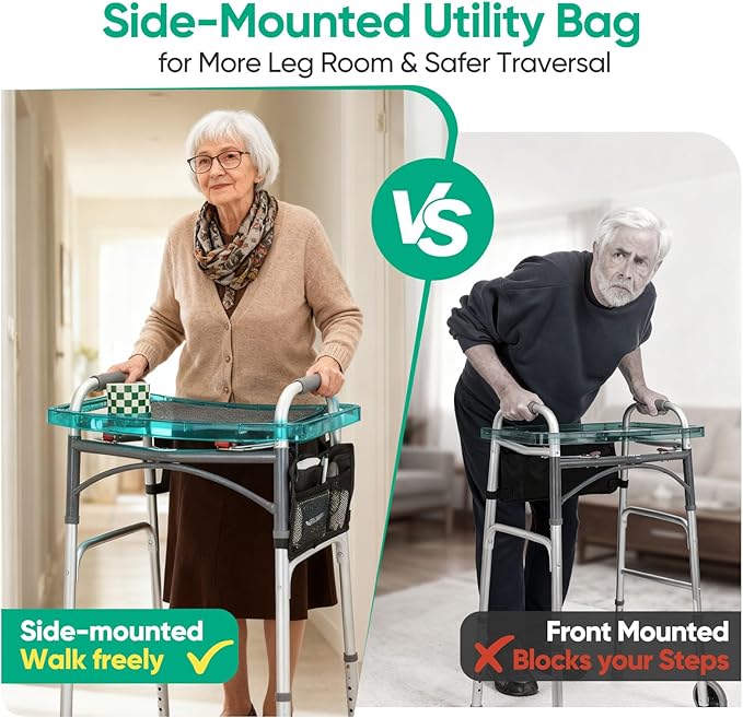 SoulThink® Full Transparency Walker Tray - Essential Walker Accessories Compatible with Most Walkers for Seniors, Walker Tray for Folding Walker with Utility Bag, Non-Slip Mat & Cup Holder (Green)