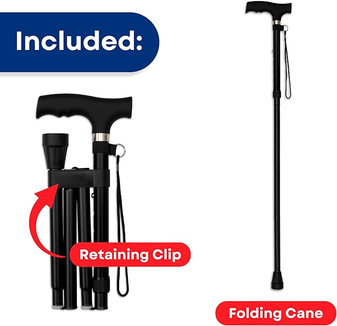 RMS Folding Cane - Foldable Walking Cane with Adjustable Height - Collapsible and Lightweight - Soft Ergonomic Handle for Comfortable Grip - Portable Walking Stick for Mobility Aid