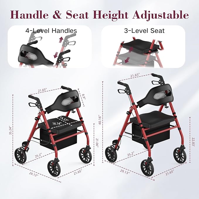 Walkers for Seniors, Foldable Rollator Walker with Seat, 8" Big Wheels, Lightweight Rollator Walker with Ergonomic Backrest, Adjustable Handles and Seat Height, 310 Lbs Weight Capacity, Red