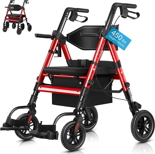 Walkers for Seniors,Heavy Duty Rollator Walker Wheelchair Combo, 2 in 1 Rollator Transport Chair with Brakes, 450 lb Rolling Walker 10" Big Wheels for All Terrain, Red