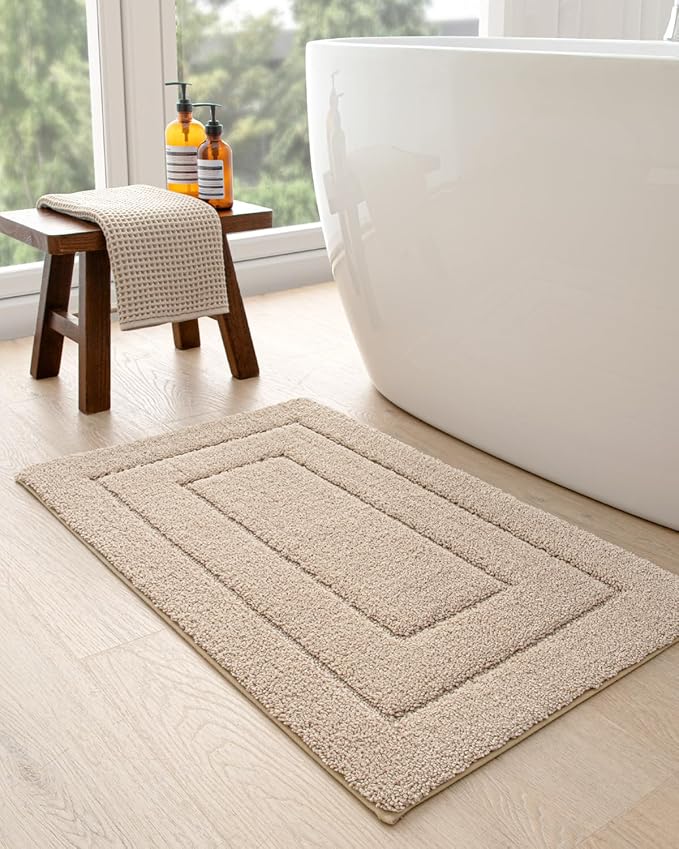 DEXI Bathroom Rug Set 2 Piece 24x16, Non Slip Washable Bath Mat for Shower Floor, Absorbent Soft Bathmat with Rubber Backing, Quick Dry Microfiber Carpet, Beige