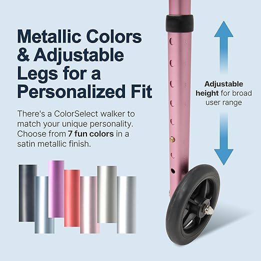 Lumex ColorSelect Walkers for Seniors, Rolling & Folding Adult Walker with Wheels, Pink