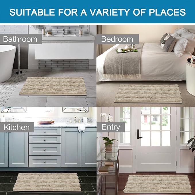 H.VERSAILTEX Bathroom Rug Sets 2 Piece Bath Mats Non Slip Thick Soft Chenille Striped Bath Rug achine Washable Shower Floor Rugs for Tub, Shower and Floor (Fog, 20" x 32"/24" x 36")