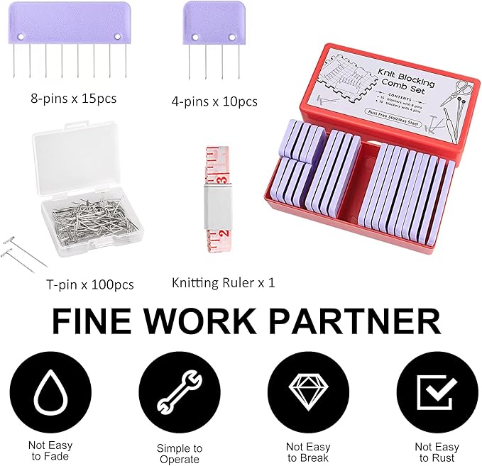 Mevome 25pcs Knit Blocking Pins Kit, White Blockers Combs 100 T-pins & Ruler for Knitting Crochet Projects Lace Needlework Block Tool for Blocking Mats Boards Accessories Device (Purple)