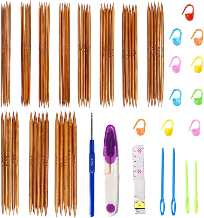 Double Pointed Knitting Needles Set,55 Pcs Carbonized Bamboo Knitting Needles Kit,Short 13cm/5.1in (2.0mm-5.0mm),with Small Tools,Straight Wooden Needles for Beginners,Sock,Handmade Weave DIY Lover
