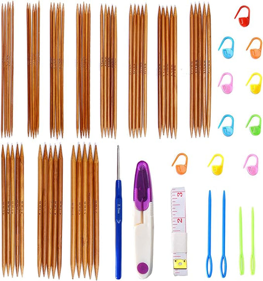 Double Pointed Knitting Needles Set,55 Pcs Carbonized Bamboo Knitting Needles Kit,Short 13cm/5.1in (2.0mm-5.0mm),with Small Tools,Straight Wooden Needles for Beginners,Sock,Handmade Weave DIY Lover