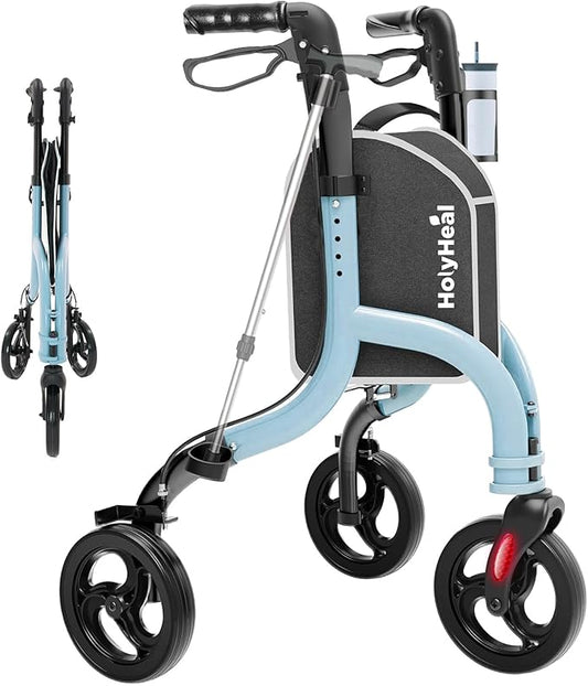 3 Wheel Walkers for Seniors, Lightweight Rollator Walkers Foldable for Elderly with Cane Hold and Cup Hold, Height Adjustable Aluminum Three Wheel Rolling Walker Mobility Aid, Blue
