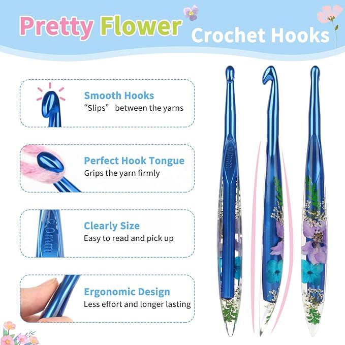 Coopay Crochet Hooks, 9mm Crochet Hook Ergonomic, See-Through Resin Handle with Flowers Inside, Pretty & Pleasant, Ideal for Crocheting Blankets, Dolls, Shawls, Hats, Scarves (M-9.0mm)