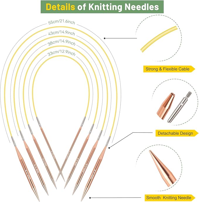 Aeelike Interchangeable Knitting Needles Set,13 Pairs Circular Knitting Needles Aluminum (Size 3.0mm-10.0mm) with 4 Cables for Socks Blankets Cushions, Ideal Crochet Gift