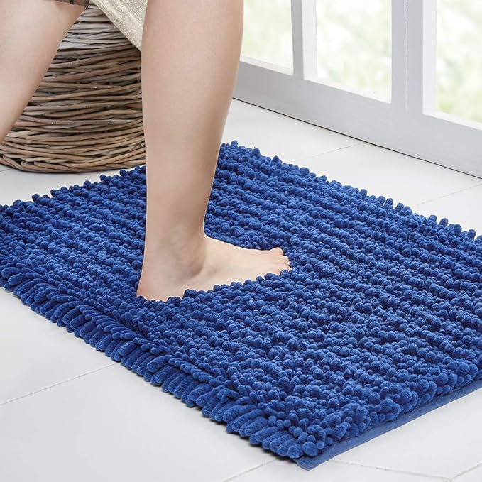 Walensee Bathroom Rug Non Slip Bath Mat (32x20 Dark Blue) Water Absorbent Super Soft Shaggy Chenille Machine Washable Dry Extra Thick Perfect Absorbant Best Large Plush Carpet for Shower Floor