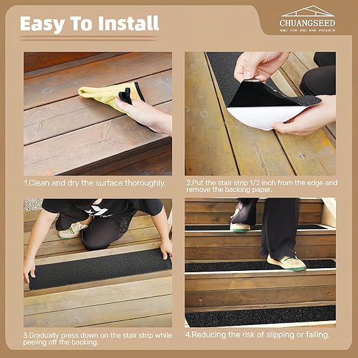 CHUANGSEED Stair Non-Slip Tape 12''x30''（12-Pack） Heavy Duty Black 80 Grit Anti-Slip Outdoor treads Grip Tape- High Traction Adhesive Stair Treads- Anti Skid Tape-Waterproof