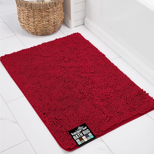 KANGAROO Bathroom Rugs, Chenille Soft Absorbent Bath Rug, Shaggy Shower Mat, Quick Dry Machine Wash Bathmat, Plush Carpet Mats for Tub, Bathtub and Room Home Decor Accessories, 24x17, Red