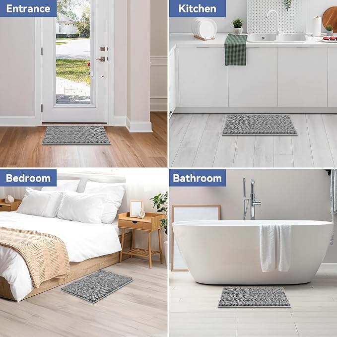 Bcoimo 24"×17" Chenille Bath Mat – Non-Slip with Backing Bath Rug Ultra-Absorbent and Machine Washable Bathroom Mat Quick-Dry Design. Ideal for Bathroom and Tub Areas