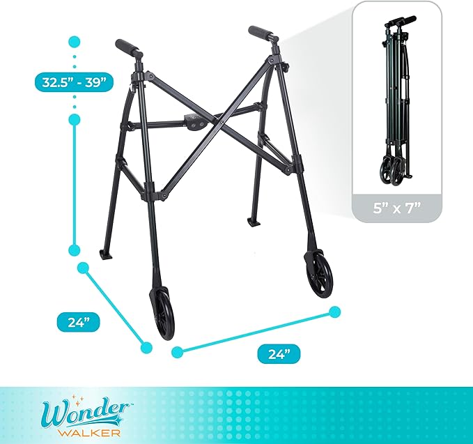 Stander Space Saver Walker, Lightweight Folding Rolling Mobility Aid for Seniors & Adults, Compact 2-Wheel Disability Device with 6-inch Wheels & Ski Glides for Walking Support, Matte Black