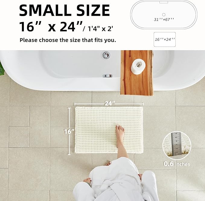 Cream White Bathroom Rugs, Waffle Bath Mat Non Slip Washable Super Absorbent Quick Dry Boho Farmhouse Bathroom Decor, 24"x16" Cream White