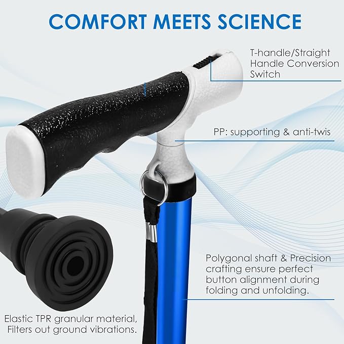 One-Button Telescopic Folding Walking Cane (Anchor Series) – Like an Umbrella | Compact, Lightweight & Travel-Friendly Folding Cane, Adjustable, All-Terrain Tips, Elegant Muted Tones