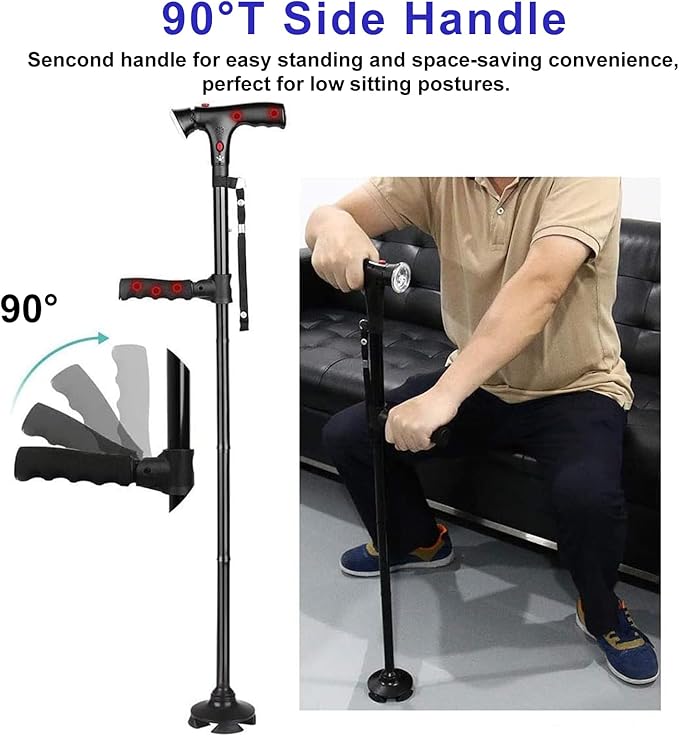 Cane Hero Walking Cane, Ready Walker Cane with Light and Alarm, Smart Walking Cane for Women, Adjustable Suitable for Arthritis Disabled and Elderly, with Cushioned T Handle and Swivel Four Pedestal