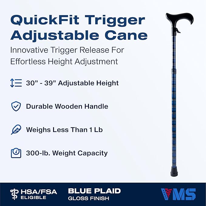 VMS QuickFit Trigger Adjustable Walking Cane - 300 lbs Capacity, Effortless Height Adjustment, Durable Aluminum Tube, TAA Compliant