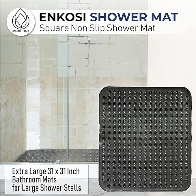 ENKOSI Extra Large Square Non Slip Shower Mat - 31 x 31-inch XL Bathroom Shower Mat - Square Shower Matts for Shower Stall Floors | Secure Suction Cups and Drain Holes (31x31 Mint Green)