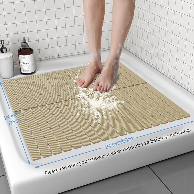 Shower Mat Non-Slip Bath Mat for Tub and Shower Stall,200+ Suction Cups with Drain Holes, Quick Dry Machine Washable, Extra Grip for Elderly and Baby, Bathroom Essentials 24x24 Inch (Brown)