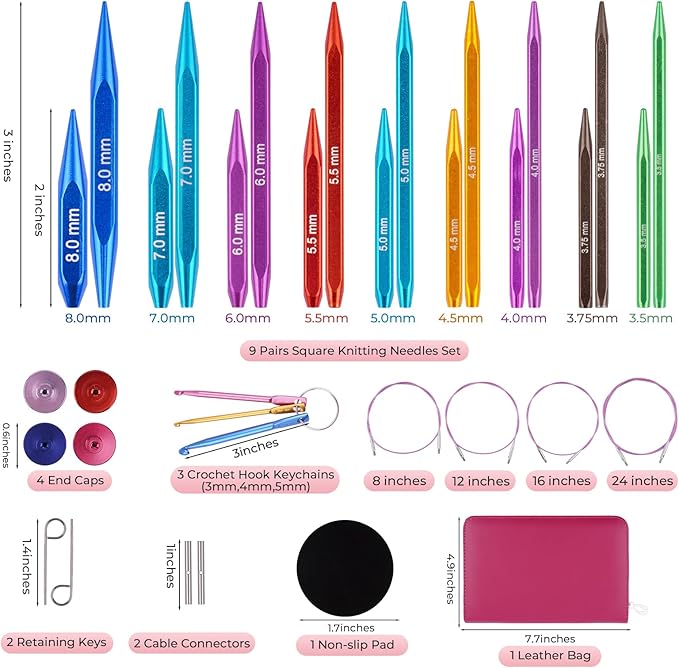Hobekoee 2-Inch＆3-Inch Interchangeable Knitting Needles Set 9 Pairs Square Ergonomic Circular Knitting Needles with 4 Cables,Short Aluminum Needles Kit 3.5mm-8.0mm