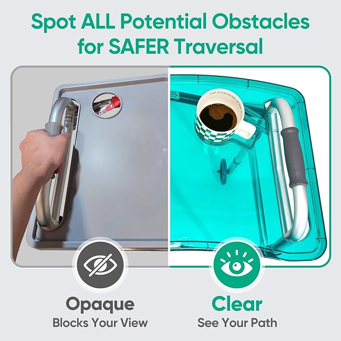 SoulThink® Full Transparency Walker Tray - Essential Walker Accessories Compatible with Most Walkers for Seniors, Walker Tray for Folding Walker with Utility Bag, Non-Slip Mat & Cup Holder (Green)