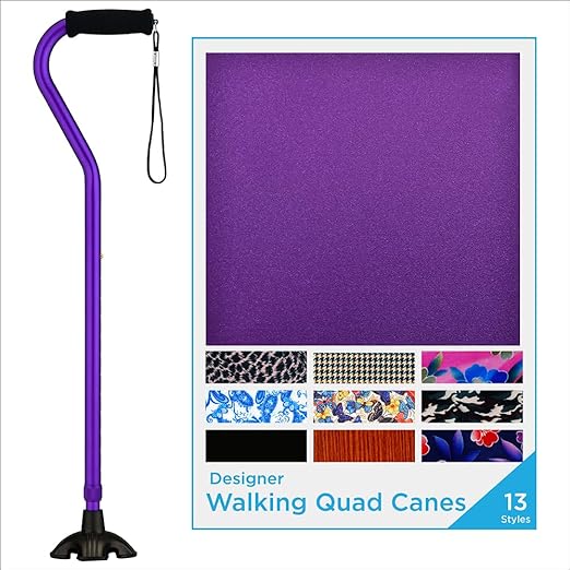 Nova Joy Designer Offset Quad Cane for Seniors - Unisex Adjustable Lightweight Walking Aid with Foam Handle, Wrist Strap and Anti-Rattle Lock - Essential Mobility Support - Purple