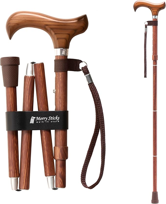 Merry Sticks Lightweight Foldable Walking Canes for Women and Men, Adjustable & Collapsible Walking Stick for Seniors, Balancing Mobility Aids, Ergonomic Handle & Wrist Strap - Sen Wood