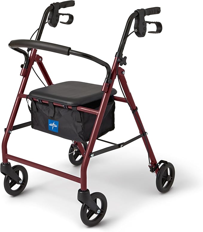 Medline Aluminum Rollator Walker with Seat, Burgundy, 250 lb. Weight Capacity, Lightweight, 6” Wheels, Foldable, Adjustable Handles, Rolling Walker for Seniors