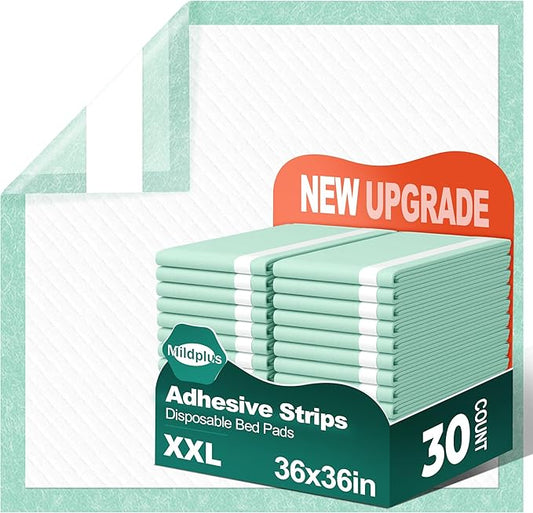 Bed Pads with Adhesive Strips 36''X36'', 30 Count Disposable Underpads Extra Large Chucks Thicker Incontinence Pads for Unisex Adult, Senior, Kids and Pets （115 Grams）