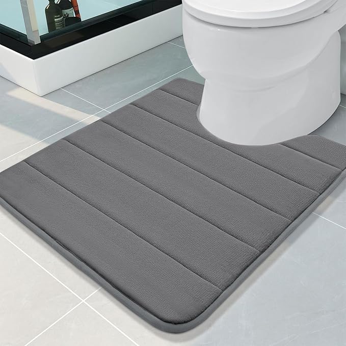 Buganda Memory Foam U-Shaped Contour Toilet Rugs, Non Slip Absorbent, Thick Soft Washable Bathroom Mat, Floor Carpet Bath Rugs Mat for Toilet Base (24" x 20", Grey)