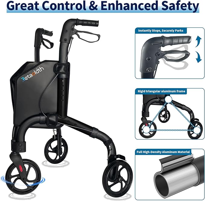 Premium 3 Wheel Rollator Walker for Seniors, Lightweight Foldable Elderly Three Wheeled Rollator with Storage Bag, Aluminum Mobility Aid Rolling Walker