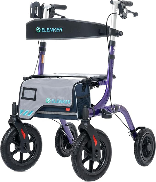 ELENKER All-Terrain Rollator Walker with Seat, Outdoor Rolling Walker, 12” Non-Pneumatic Tire Front Wheels, Compact Folding Design for Seniors, Purple