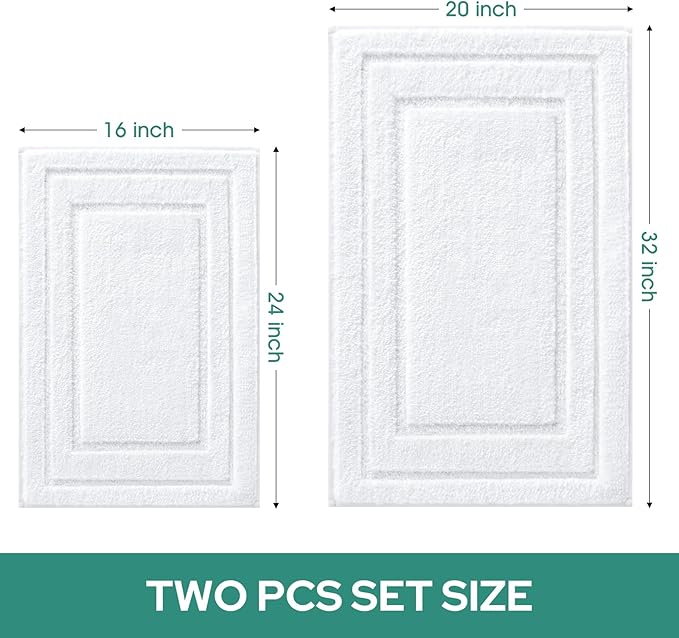 HOMEIDEAS Bathroom Rugs Sets 2 Piece, Super Soft and Absorbent Non Slip Microfiber Machine Washable Bath Mat Set (20" x 32" + 16" x 24", White)