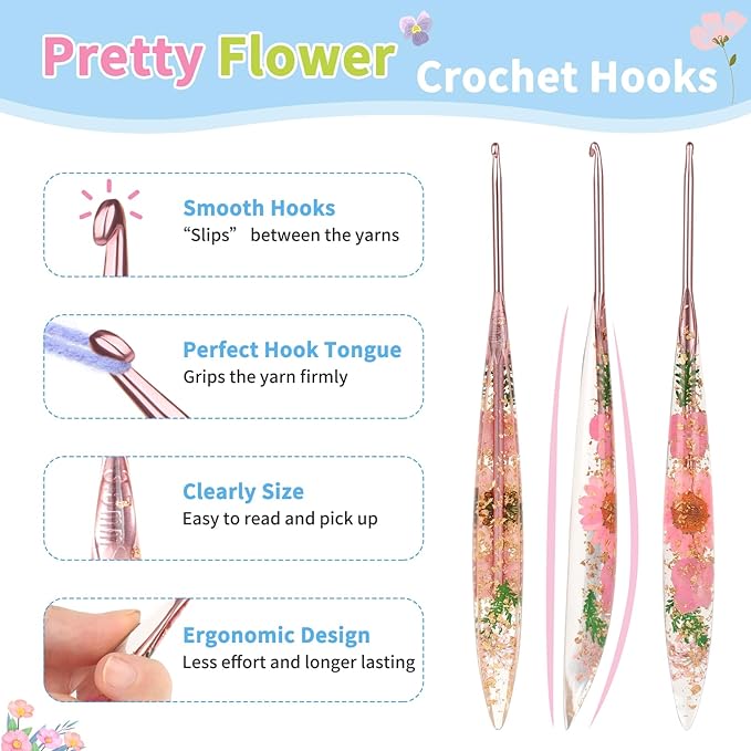 Coopay Crochet Hooks, 3.5mm Ergonomic Crochet Hook with Floral Resin Grips, Stylish and Unique, Ideal for Crocheting Blankets, Dolls, Shawls, Hats, Scarves (E-3.5mm)