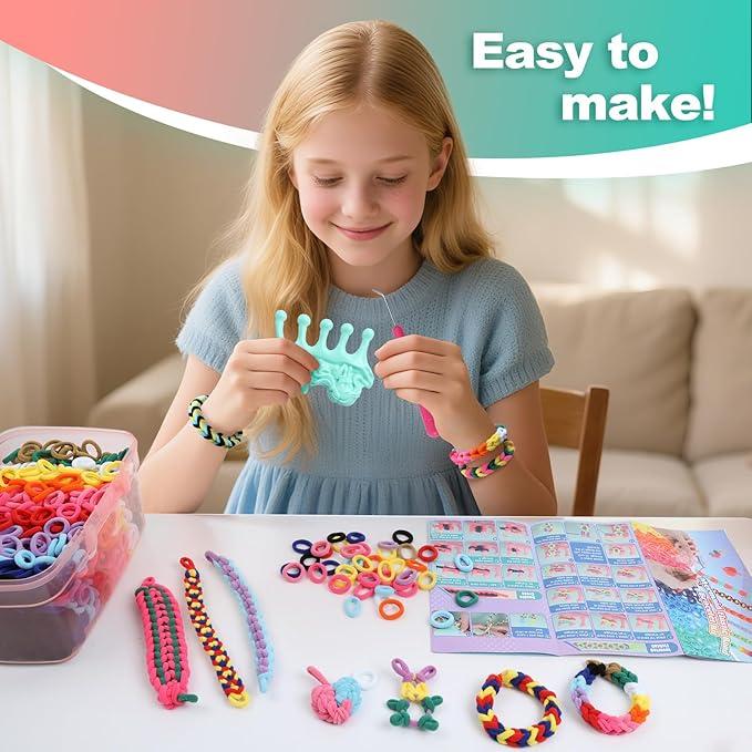 ZMMB Mermaid Bracelet Making Kit for Girls Ages 6-12 - 1200+ Rainbow Elastic Cloth Loom Bands in 12 Colors, DIY Craft Set with Mermaid Loom Tool, Storage Box – Great Birthday Gift for Kids