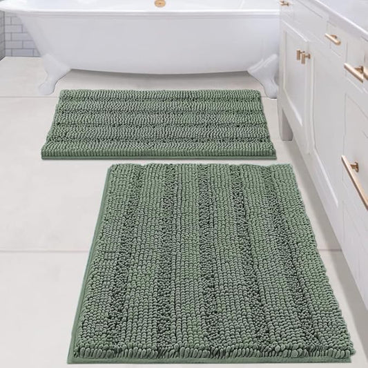 H.VERSAILTEX 2 Piece Bathroom Rugs Bath Mats Sets Super Absorbent Chenille Striped Bath Mats Non Skid Machine Wash Dry Rugs for Bathroom Floor (Green Bay, 24 x 36 Plus 20 x 32 - Inches)