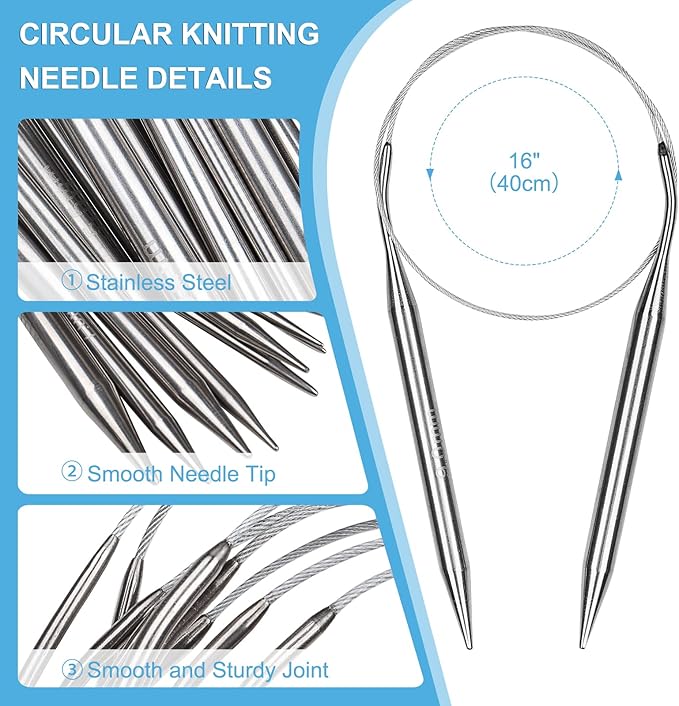 Aeelike Knitting Needles Set, 9 Pieces Stainless Steel Circular Knitting Needles, 16 Inch Long, Silver, Ideal for Beginners and DIY Projects