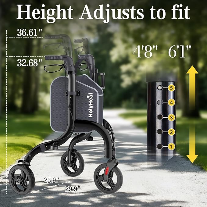 3 Wheel Walkers for Seniors, Lightweight Rollator Walkers Foldable for Elderly with Cane Hold and Cup Hold, Height Adjustable Aluminum Three Wheel Rolling Walker Mobility Aid, Black