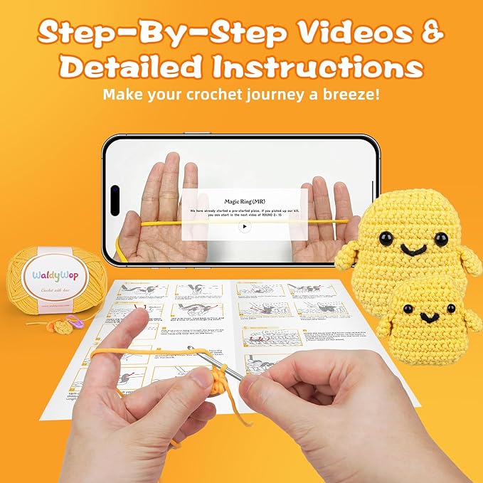 WaldyWop Crochet Kit for Beginners Kids: 2 PCS Easy Complete Knitting Kit with Step by Step Video & Written Tutorials, Soft Yarns (Extra 40%), Hook - Birthday Gift Set for Girls (Chicken Nuggets)