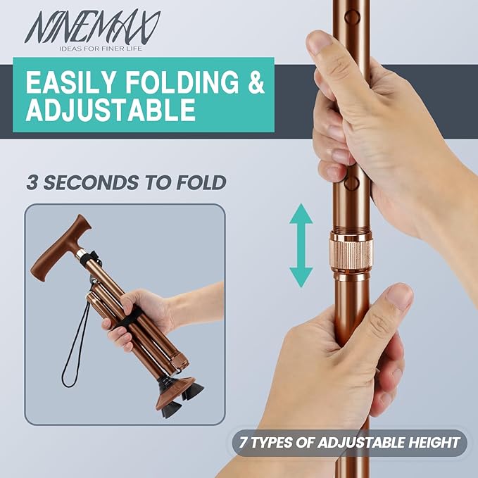 NINEMAX Walking Cane for Men Women Seniors, Foldable Collapsible Adjustable Free Standing T Handle Walking Stick, Lightweight Sturdy Folding Cane Portable for Stable and Balance