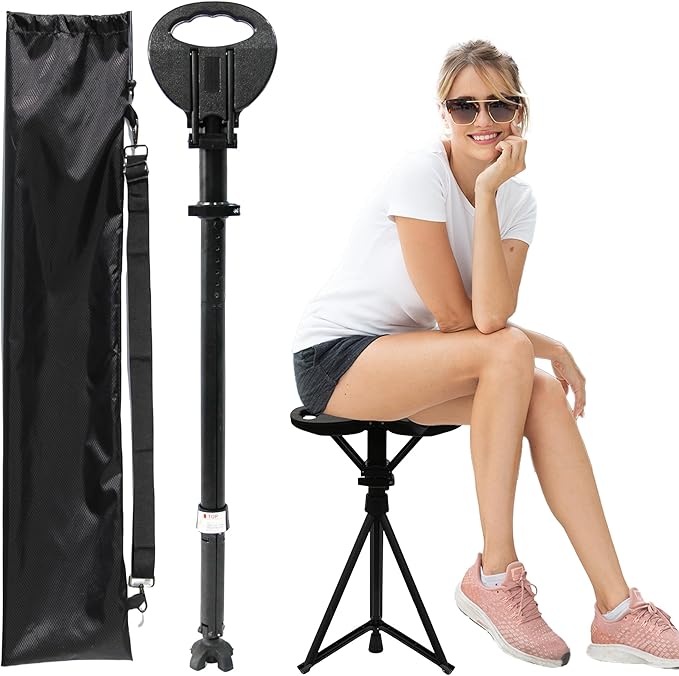 Walking Cane with Seat Folding Lightweight, Portable Cane Seat with Carry Bag, Walking Stick with Seat for Seniors & Adults, Foldable Adjustable Cane Chair for Travel Hiking