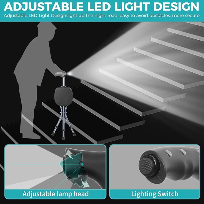 Portable Adjustable Folding Walking Cane with Seat and Cushion，Cane seat for Seniors with Magnetic Massage Handle, Lightweight Walking Cane with LED Light，Supports up to 330 Pounds