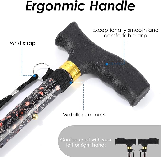 Walking Cane PANZHENG Cane for Man/Woman | Mobility & Daily Living Aids | 5-Level Height Adjustable Walking Stick | Comfortable Plastic T-Handle Portable Walking Stick Folding Cane