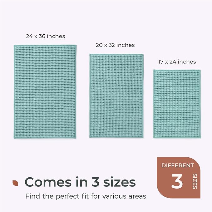 FRESHMINT Thick Chunky Chenille Bathroom Rug, 20"x32", Non Slip Bath Mat, Soft Bathroom Decor, Cute Shower Mat, Water Absorbent, Washable, Aqua Blue