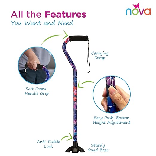 Nova Joy Designer Offset Quad Cane for Seniors - Unisex Adjustable Lightweight Walking Aid with Foam Handle, Wrist Strap and Anti-Rattle Lock - Essential Mobility Support - Maui Flowers