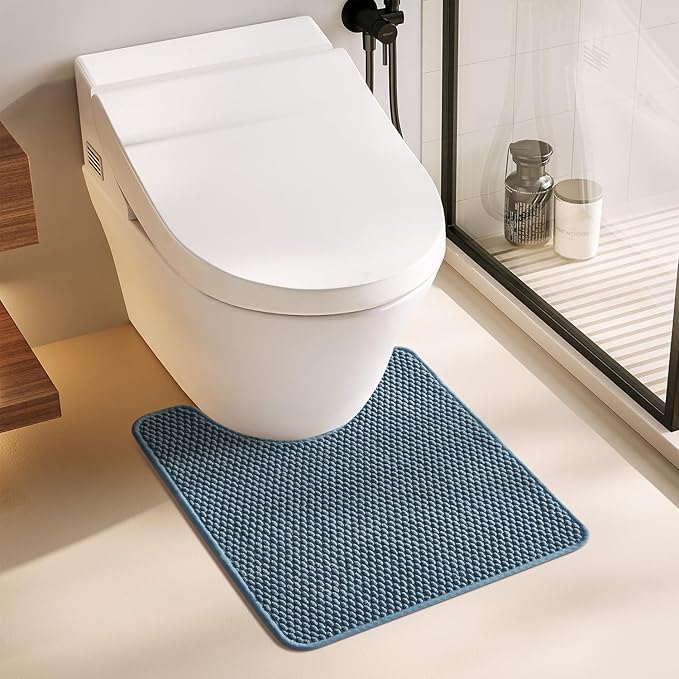 Non Slip Washable Bath Mat, Low Pile Chenille Bathroom Rug, Super Absorbent, Quick Dry, Denim Blue, 20"x24" U Shape