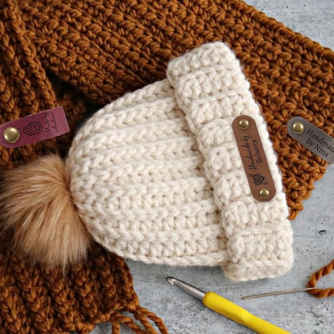 Custom Leather Tags for Crochet Items Personalized Tags for Handmade Items with Rivets Embellishment Knit DIY Craft Accessories-2.5"x0.6"