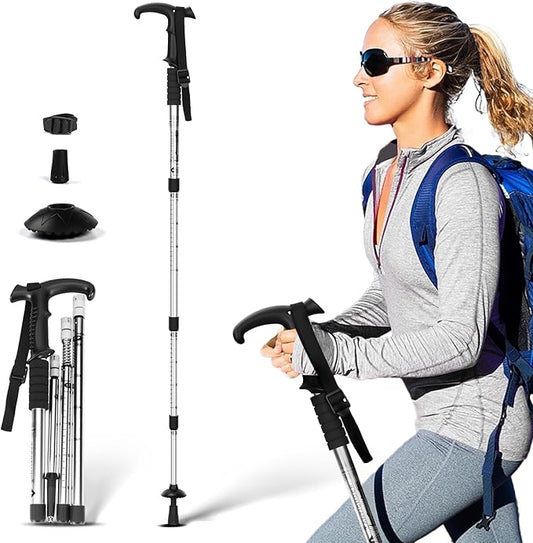 Telescopic Walking Cane 43 Inch with Anti-Shock & T-Grip Handle - 7075 Aluminum Quick Lock Trekking Pole, Ultralight for Hiking, Camping, Mountaineering